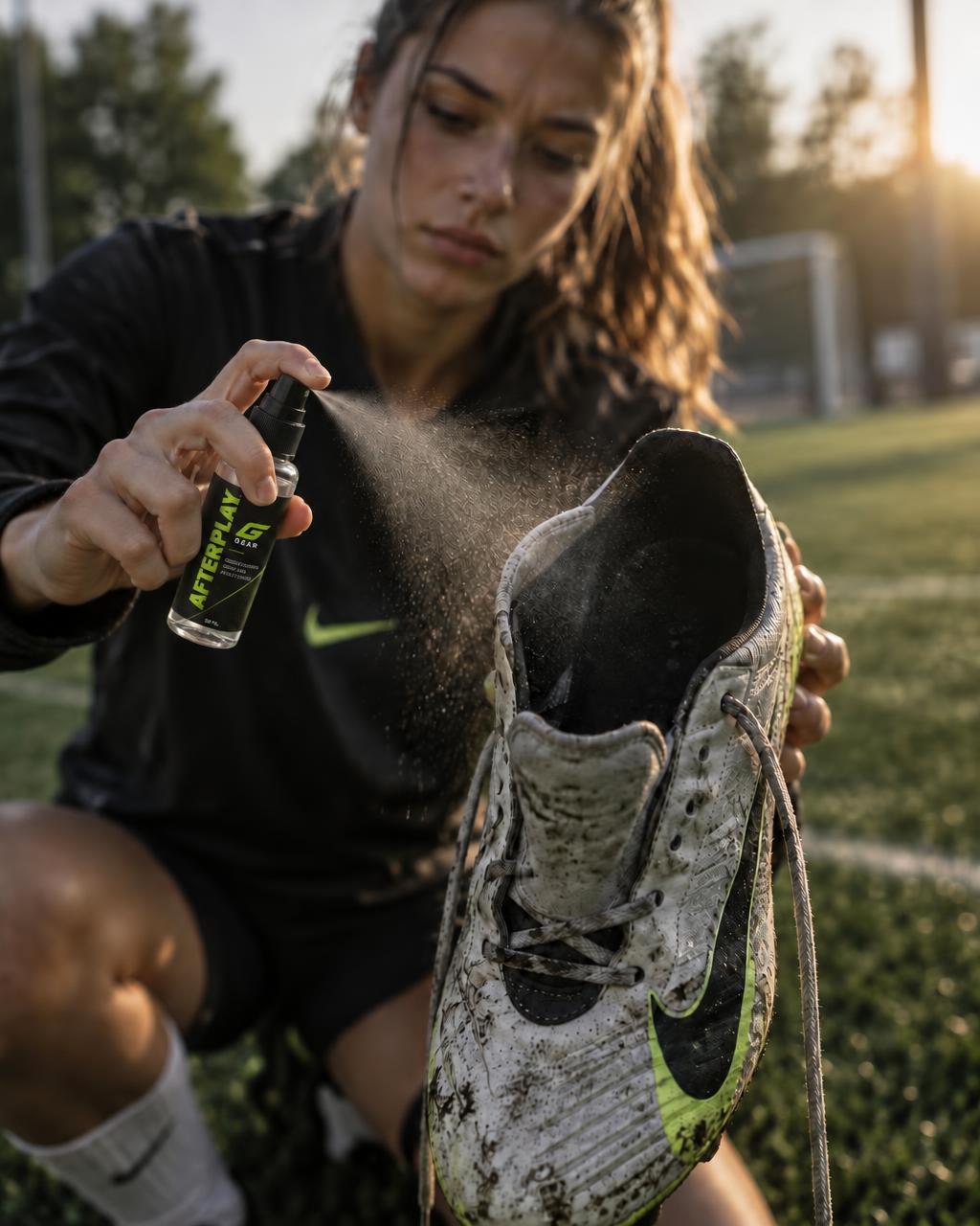 A footballer spraying the inside of her boot with an Afterplay spray bottle