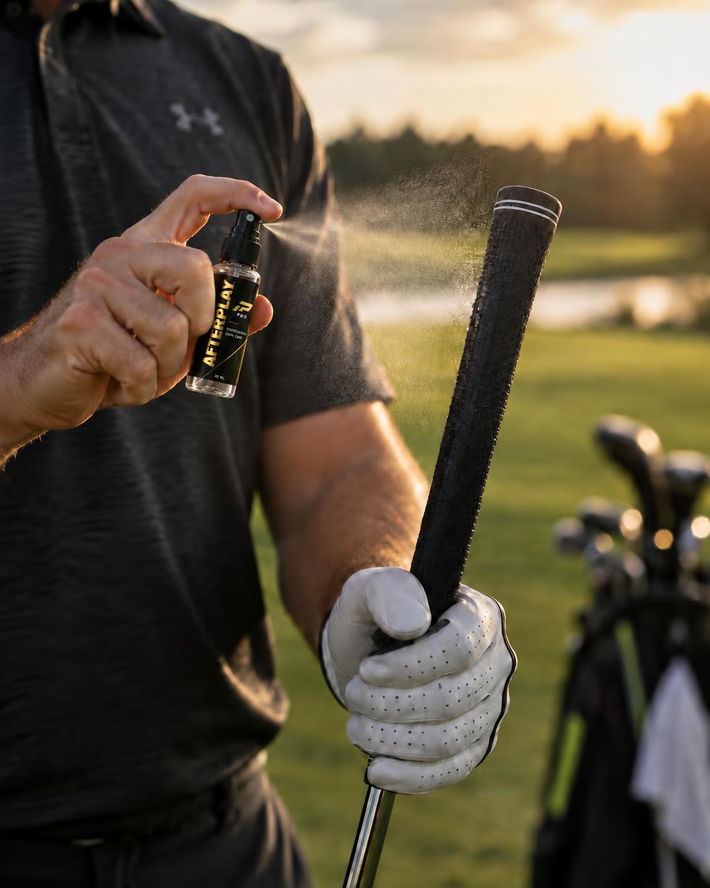 A golfer spraying the rubber grip of a golf club with an Afterplay Handle & Grips bottle