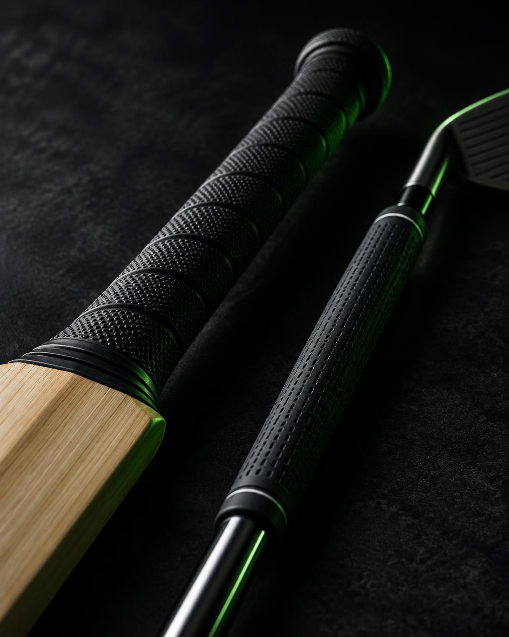 Close-up of a cricket bat handle with a rubber grip beside a golf club grip
