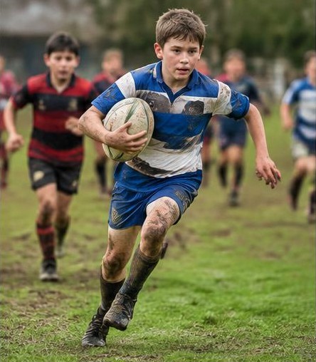 Junior rugby player in action
