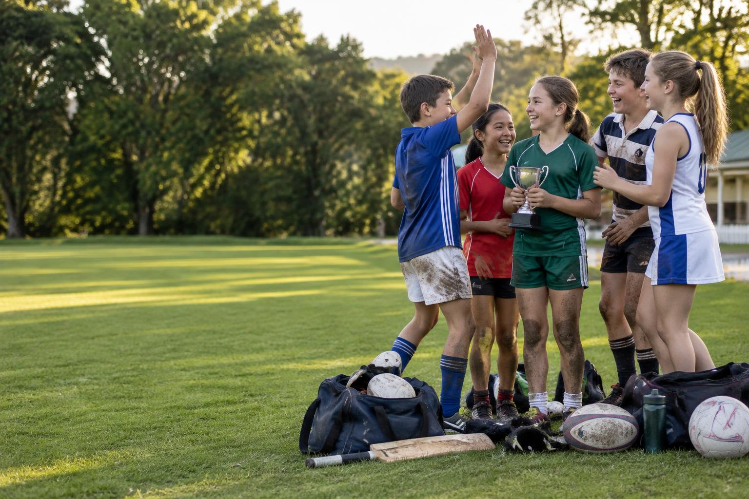 Junior athletes celebrating together on a sports field